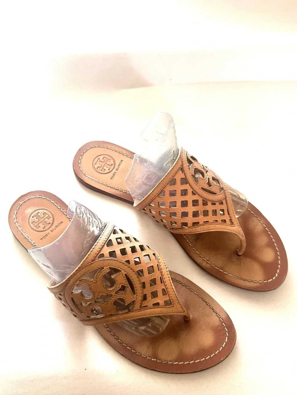 Tory Burch Tan Leather Cutout Thong Sandals